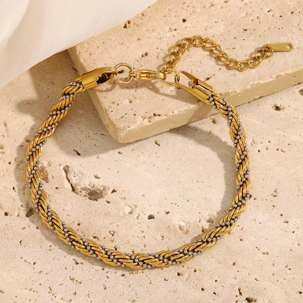 Goldiluxx Retro Aloofness Style Hand Jewelry Stainless Steel 18K Gold Plating Twist Beads Winding Chain