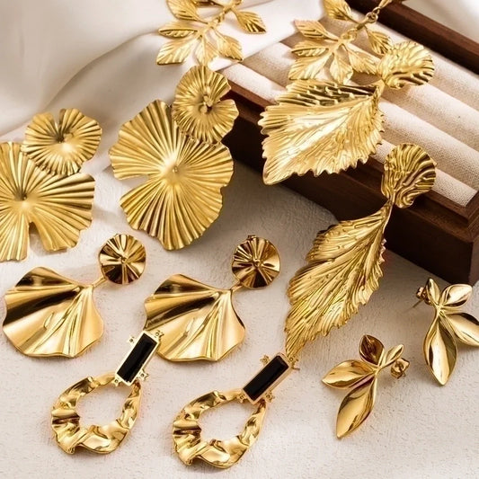 Goldiluxx 1 Pair IG Style Leaves Flower Ginkgo Leaf Plating 304 Stainless Steel 18K Gold Plated Stainless Steel Earrings