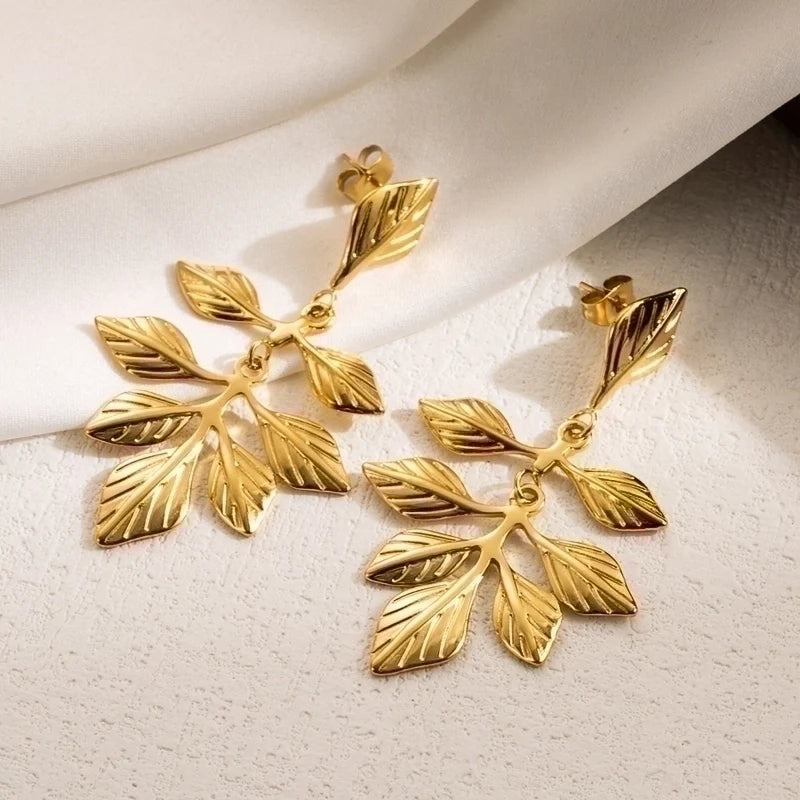 Goldiluxx 1 Pair IG Style Leaves Flower Ginkgo Leaf Plating 304 Stainless Steel 18K Gold Plated Stainless Steel Earrings