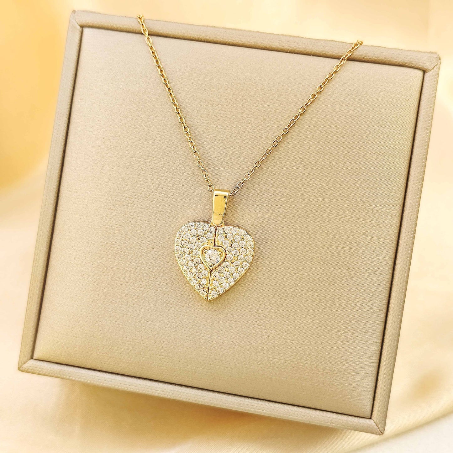 Goldiluxx Full Crystal Hinged Heart Necklace Colorfast Titanium Steel Accessory