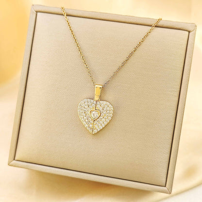 Goldiluxx Full Crystal Hinged Heart Necklace Colorfast Titanium Steel Accessory