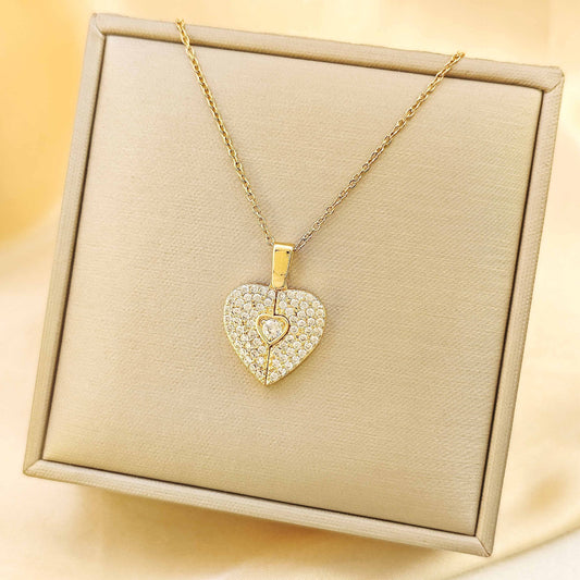 Goldiluxx Full Crystal Hinged Heart Necklace Colorfast Titanium Steel Accessory