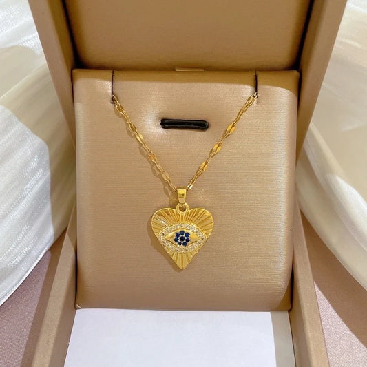 Goldiluxx Fashion Heart Shape Butterfly Titanium Steel Copper Inlay Diamond Pendant Necklace