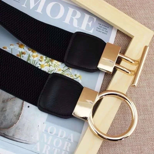 Goldiluxx Fashion Round Leather Fabric Metal Button Belt