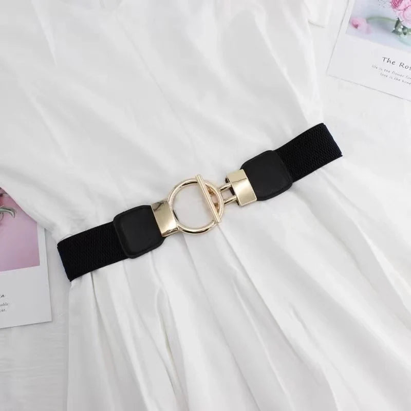 Goldiluxx Fashion Round Leather Fabric Metal Button Belt