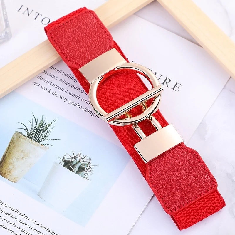 Goldiluxx Fashion Round Leather Fabric Metal Button Belt