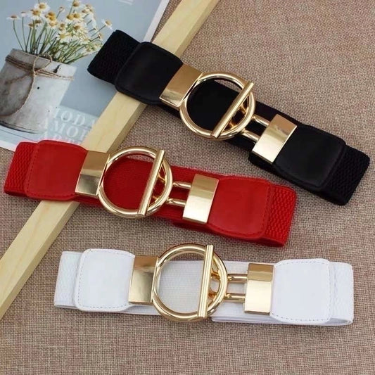 Goldiluxx Fashion Round Leather Fabric Metal Button Belt