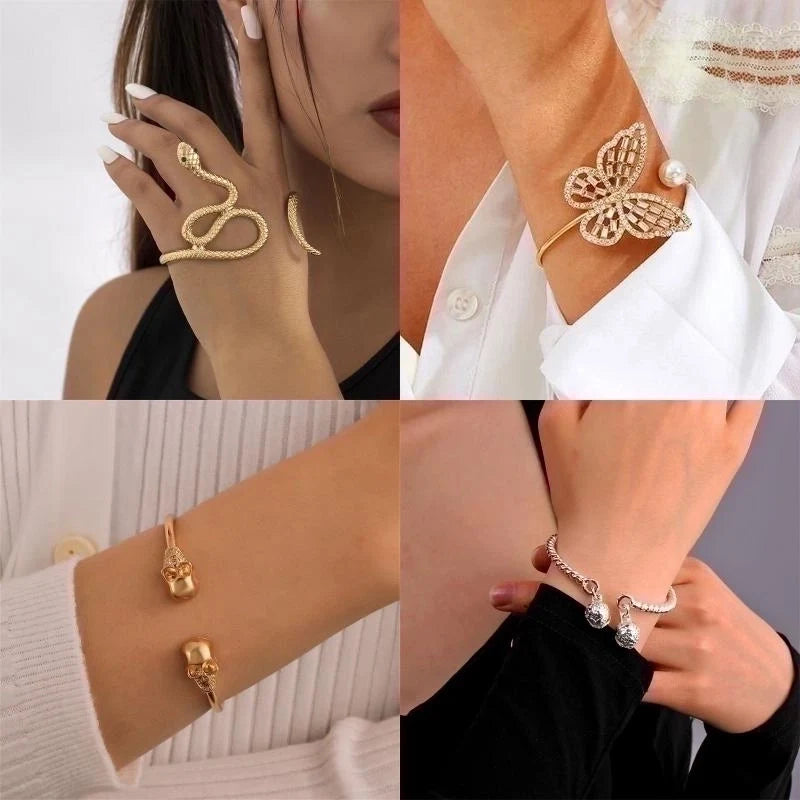 Goldiluxx Alloy Gold Plated Silver Plated Hip-Hop Classic Style Streetwear Plating Hollow Out Inlay Animal Crystal Pearls Zircon Wristband Bangle