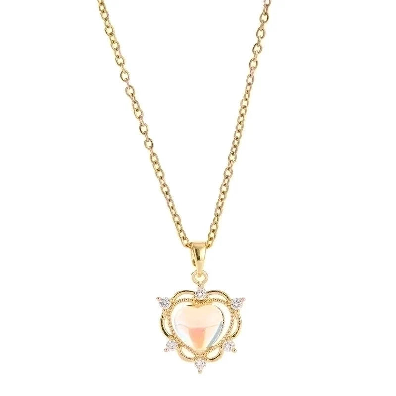 Goldiluxx Lady Heart Shape Flower Titanium Steel Plating Inlay Zircon Gold Plated Pendant Necklace