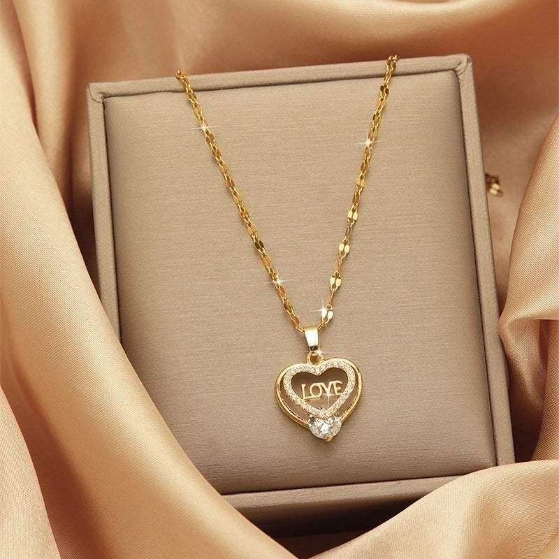 Goldiluxx Lady Heart Shape Flower Titanium Steel Plating Inlay Zircon Gold Plated Pendant Necklace