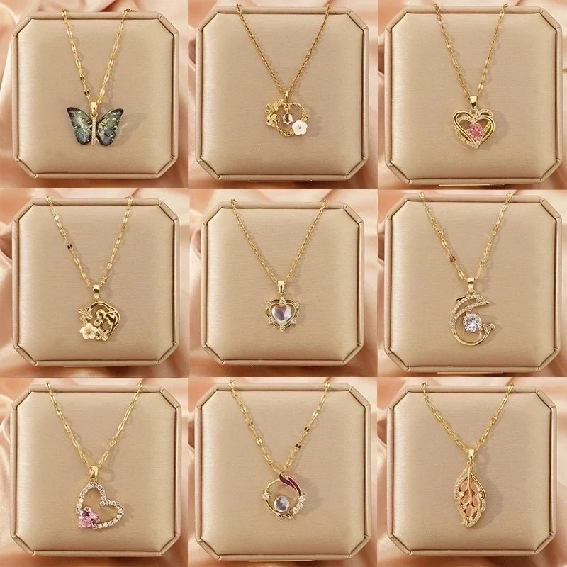 Goldiluxx Lady Heart Shape Flower Titanium Steel Plating Inlay Zircon Gold Plated Pendant Necklace