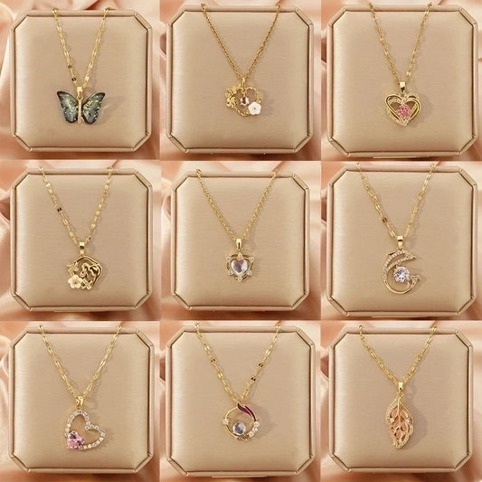 Goldiluxx Lady Heart Shape Flower Titanium Steel Plating Inlay Zircon Gold Plated Pendant Necklace