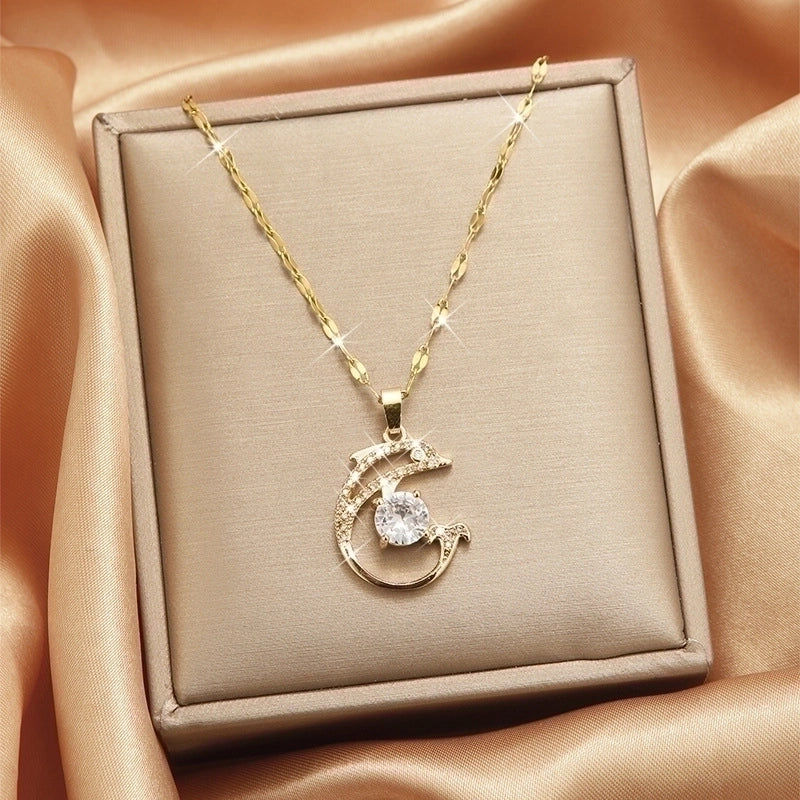 Goldiluxx Lady Heart Shape Flower Titanium Steel Plating Inlay Zircon Gold Plated Pendant Necklace