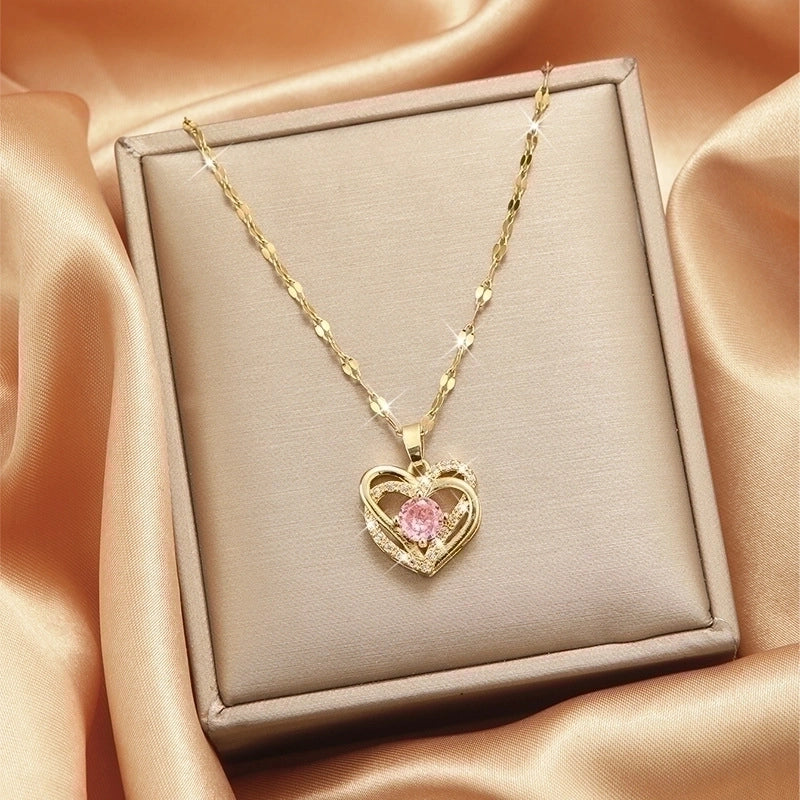 Goldiluxx Lady Heart Shape Flower Titanium Steel Plating Inlay Zircon Gold Plated Pendant Necklace