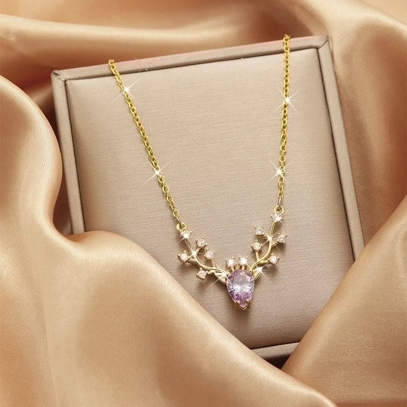 Goldiluxx Lady Heart Shape Flower Titanium Steel Plating Inlay Zircon Gold Plated Pendant Necklace
