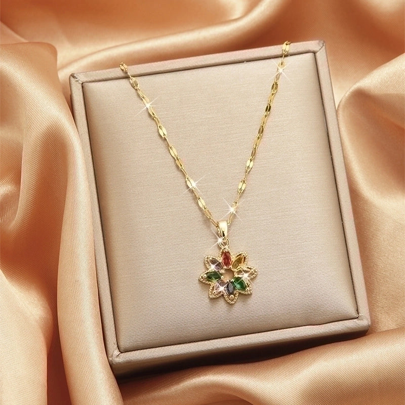 Goldiluxx Lady Heart Shape Flower Titanium Steel Plating Inlay Zircon Gold Plated Pendant Necklace