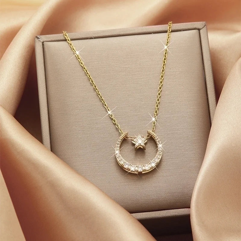 Goldiluxx Lady Heart Shape Flower Titanium Steel Plating Inlay Zircon Gold Plated Pendant Necklace