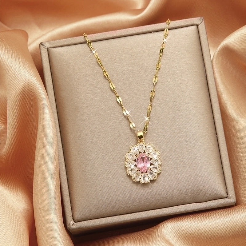 Goldiluxx Lady Heart Shape Flower Titanium Steel Plating Inlay Zircon Gold Plated Pendant Necklace