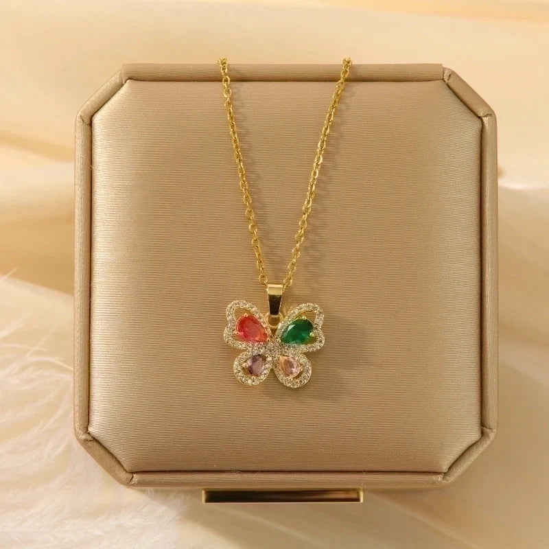 Goldiluxx Lady Heart Shape Flower Titanium Steel Plating Inlay Zircon Gold Plated Pendant Necklace