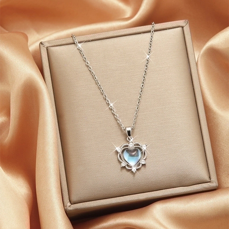 Goldiluxx Lady Heart Shape Flower Titanium Steel Plating Inlay Zircon Gold Plated Pendant Necklace