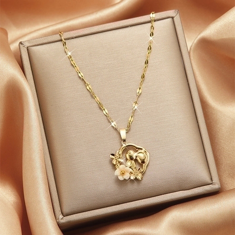 Goldiluxx Lady Heart Shape Flower Titanium Steel Plating Inlay Zircon Gold Plated Pendant Necklace