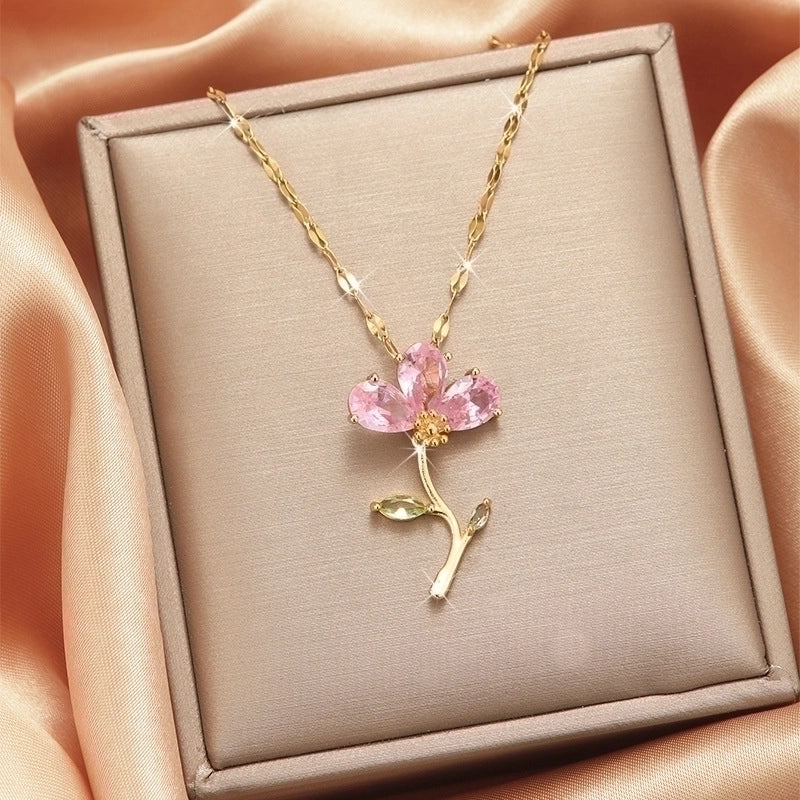 Goldiluxx Lady Heart Shape Flower Titanium Steel Plating Inlay Zircon Gold Plated Pendant Necklace