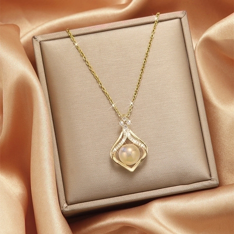 Goldiluxx Lady Heart Shape Flower Titanium Steel Plating Inlay Zircon Gold Plated Pendant Necklace