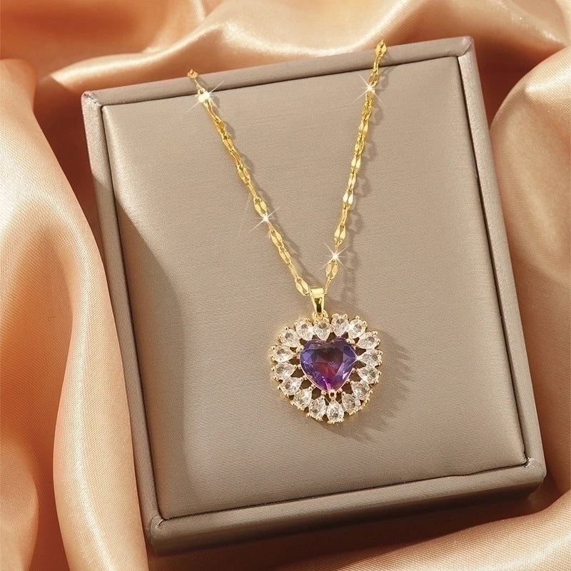 Goldiluxx Lady Heart Shape Flower Titanium Steel Plating Inlay Zircon Gold Plated Pendant Necklace