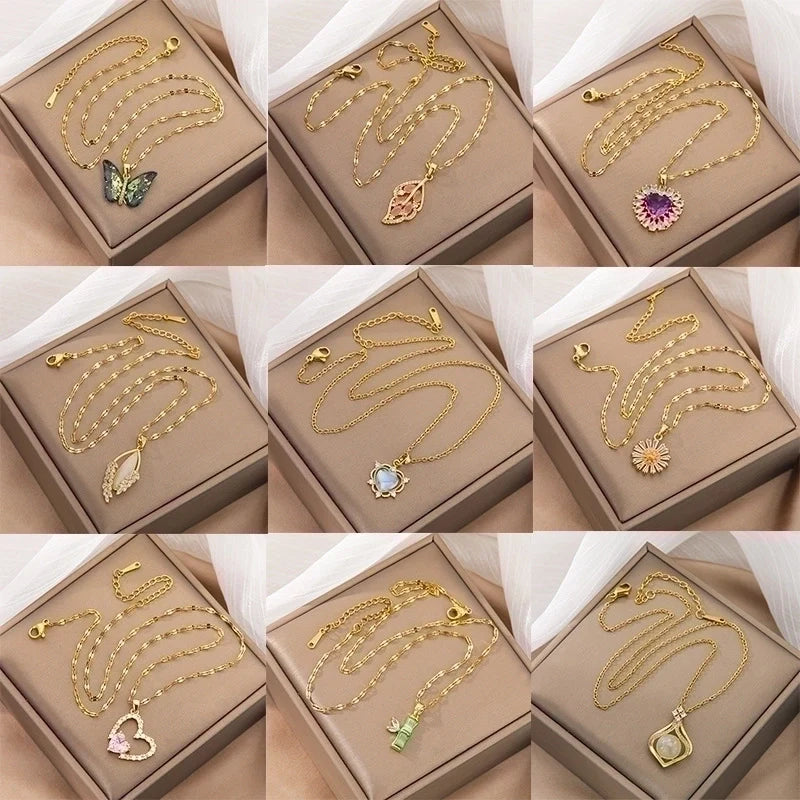Goldiluxx Lady Heart Shape Flower Titanium Steel Plating Inlay Zircon Gold Plated Pendant Necklace