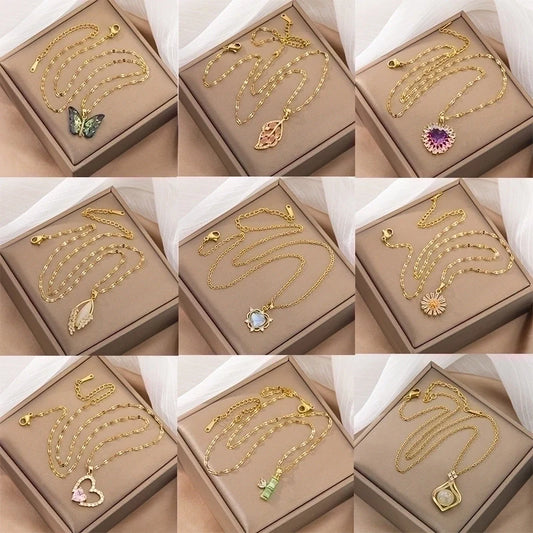 Goldiluxx Lady Heart Shape Flower Titanium Steel Plating Inlay Zircon Gold Plated Pendant Necklace
