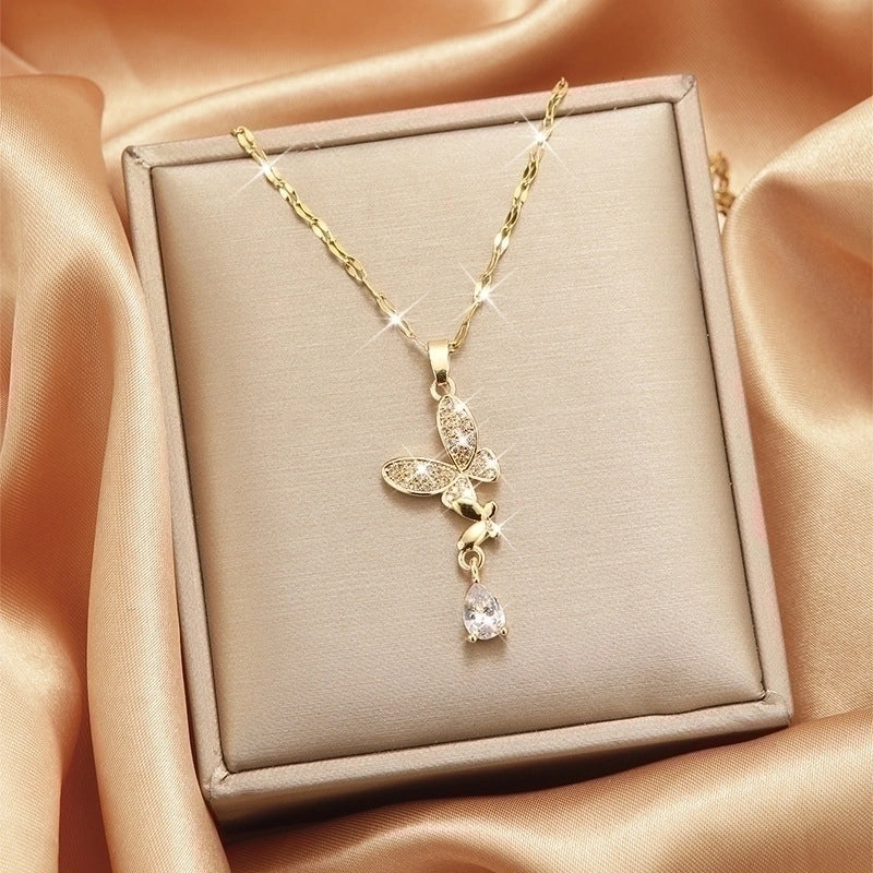 Goldiluxx Lady Heart Shape Flower Titanium Steel Plating Inlay Zircon Gold Plated Pendant Necklace