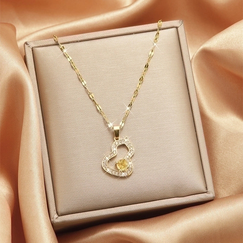 Goldiluxx Lady Heart Shape Flower Titanium Steel Plating Inlay Zircon Gold Plated Pendant Necklace