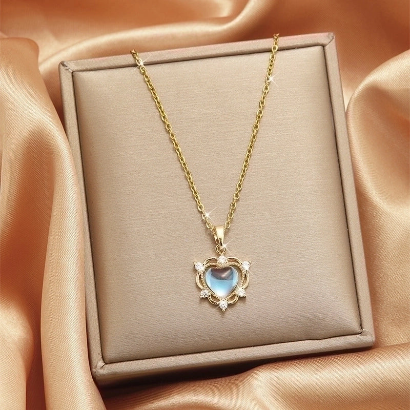 Goldiluxx Lady Heart Shape Flower Titanium Steel Plating Inlay Zircon Gold Plated Pendant Necklace