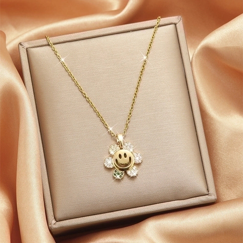 Goldiluxx Lady Heart Shape Flower Titanium Steel Plating Inlay Zircon Gold Plated Pendant Necklace