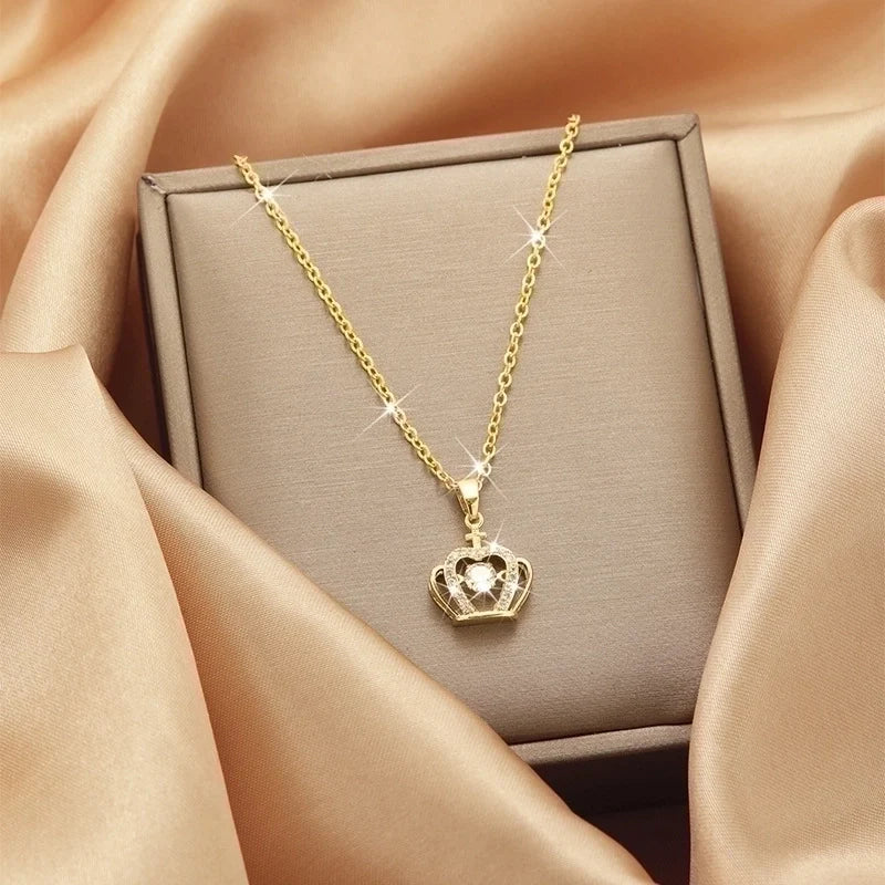 Goldiluxx Lady Heart Shape Flower Titanium Steel Plating Inlay Zircon Gold Plated Pendant Necklace