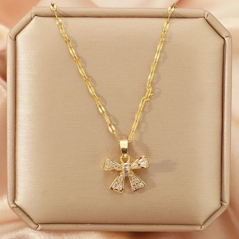 Goldiluxx Lady Heart Shape Flower Titanium Steel Plating Inlay Zircon Gold Plated Pendant Necklace