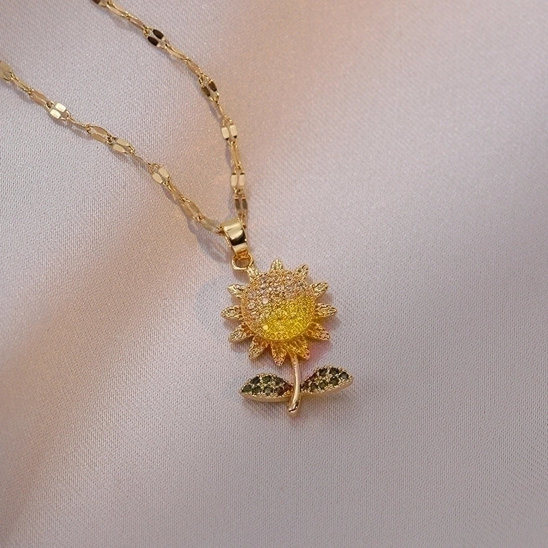 Goldiluxx Lady Heart Shape Flower Titanium Steel Plating Inlay Zircon Gold Plated Pendant Necklace