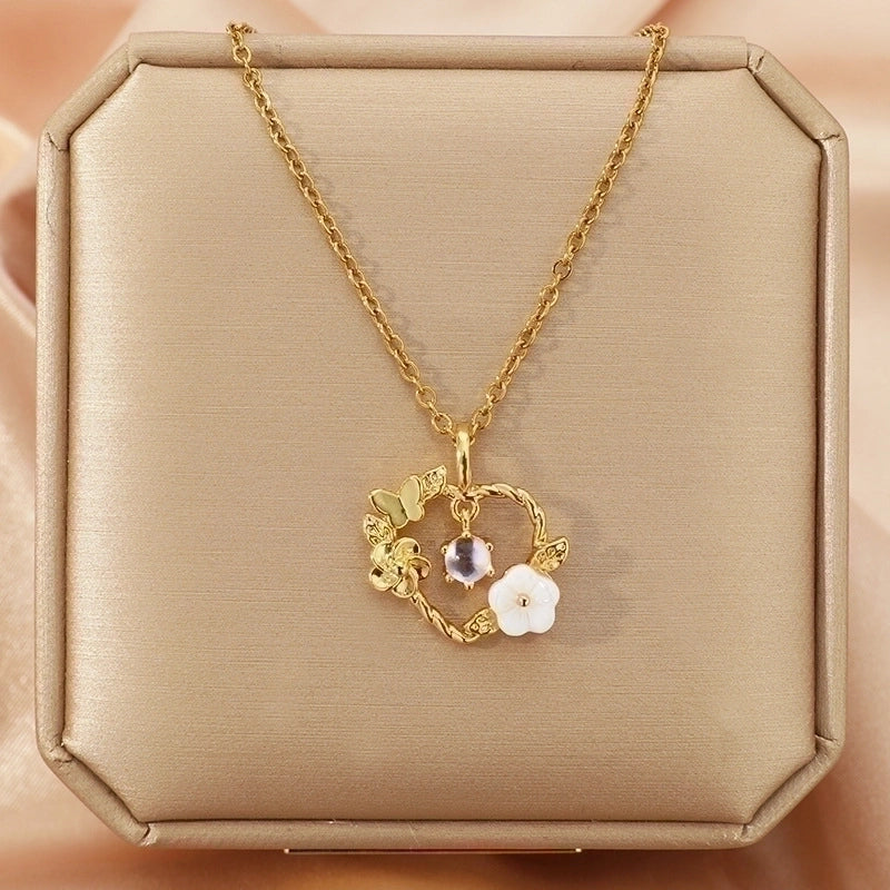Goldiluxx Lady Heart Shape Flower Titanium Steel Plating Inlay Zircon Gold Plated Pendant Necklace