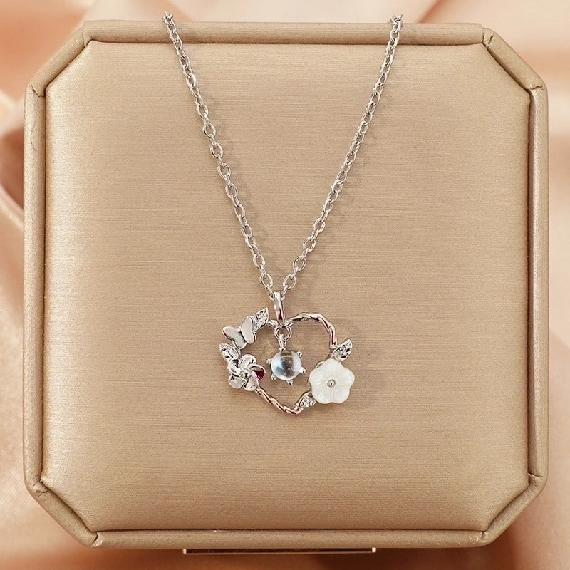 Goldiluxx Lady Heart Shape Flower Titanium Steel Plating Inlay Zircon Gold Plated Pendant Necklace