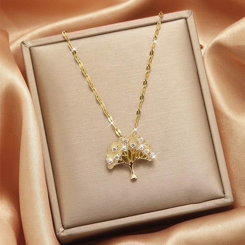 Goldiluxx Lady Heart Shape Flower Titanium Steel Plating Inlay Zircon Gold Plated Pendant Necklace