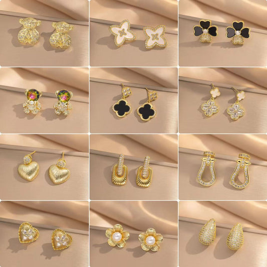 Goldiluxx Moderate Luxury Flower Copper Diamond Inlay Stud Earrings