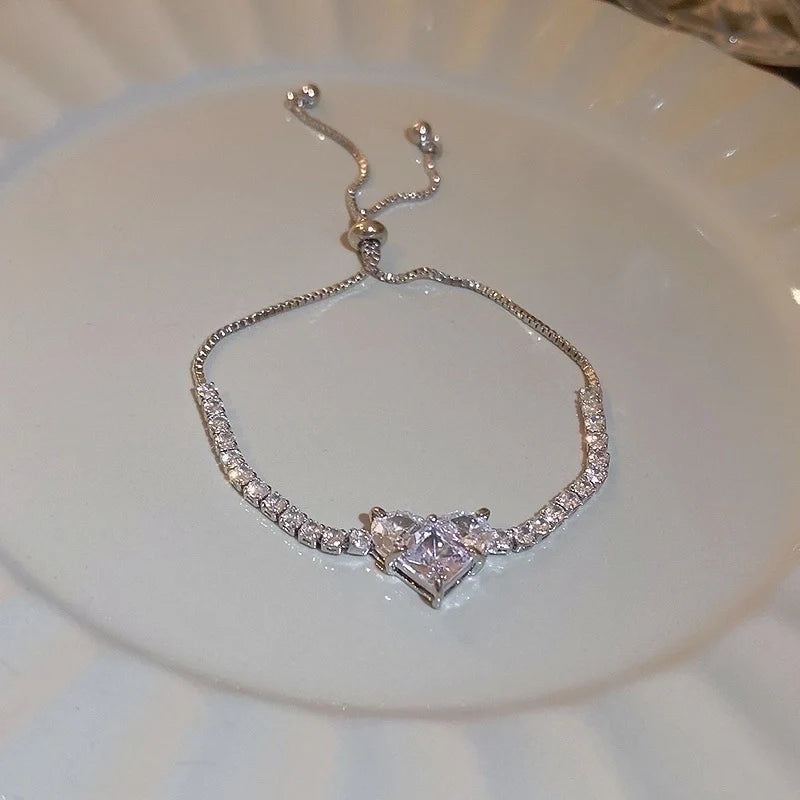 Goldiluxx Minimalist Heart Shape Copper Inlay Zircon Bracelets