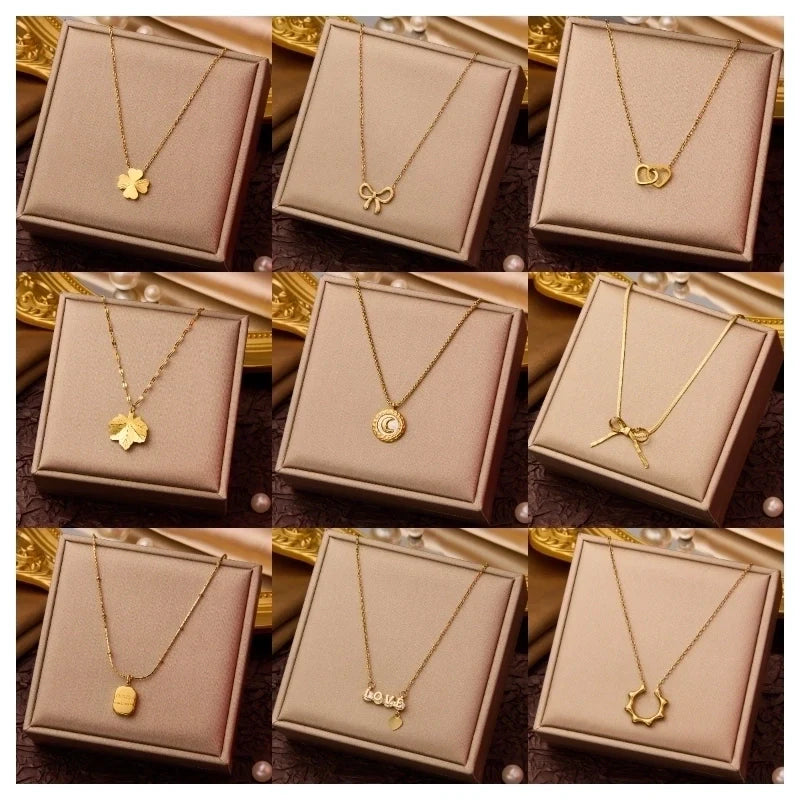 Goldiluxx Elegant Minimalist Geometric Flower Bow Knot Titanium Steel Plating Pendant Necklace