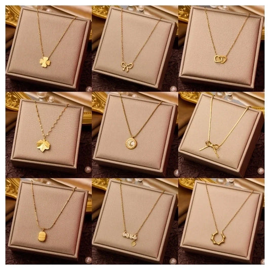 Goldiluxx Elegant Minimalist Geometric Flower Bow Knot Titanium Steel Plating Pendant Necklace