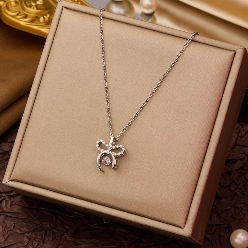 Goldiluxx Elegant Minimalist Geometric Flower Bow Knot Titanium Steel Plating Pendant Necklace