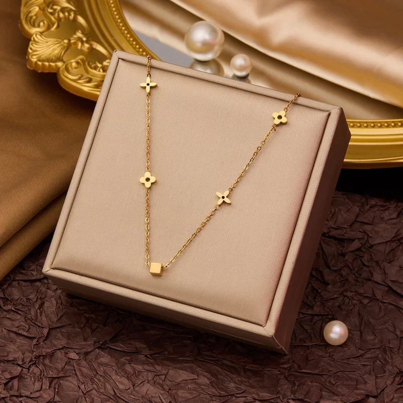 Goldiluxx Elegant Minimalist Geometric Flower Bow Knot Titanium Steel Plating Pendant Necklace