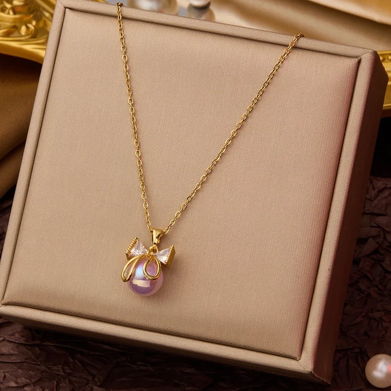 Goldiluxx Elegant Minimalist Geometric Flower Bow Knot Titanium Steel Plating Pendant Necklace