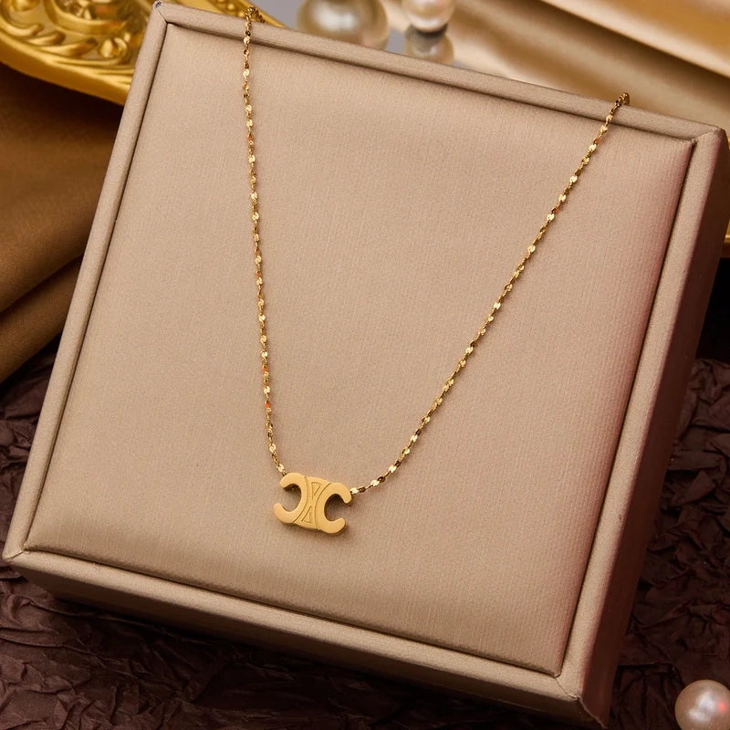 Goldiluxx Elegant Minimalist Geometric Flower Bow Knot Titanium Steel Plating Pendant Necklace