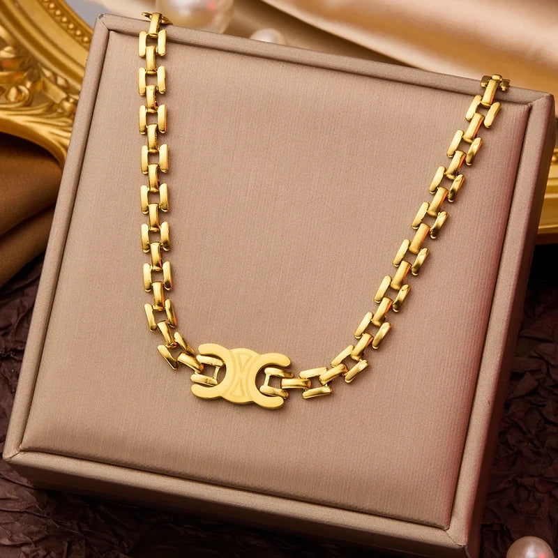 Goldiluxx Elegant Minimalist Geometric Flower Bow Knot Titanium Steel Plating Pendant Necklace