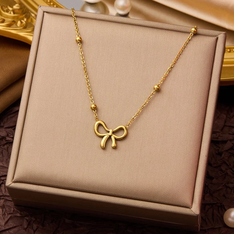 Goldiluxx Elegant Minimalist Geometric Flower Bow Knot Titanium Steel Plating Pendant Necklace